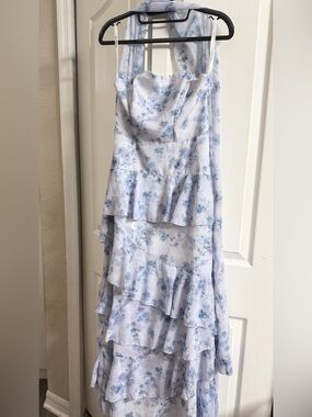JJs House Pale Blue Floral Halter Tiered Maxi Dress